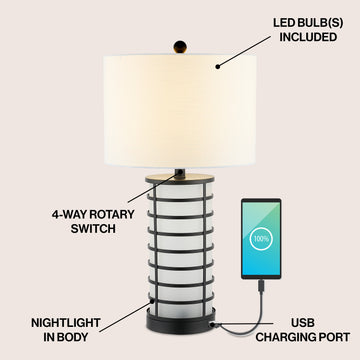 Jayce 27" Modern Industrial Iron Nightlight LED Table Lamp with USB Charging Port - JONATHAN Y